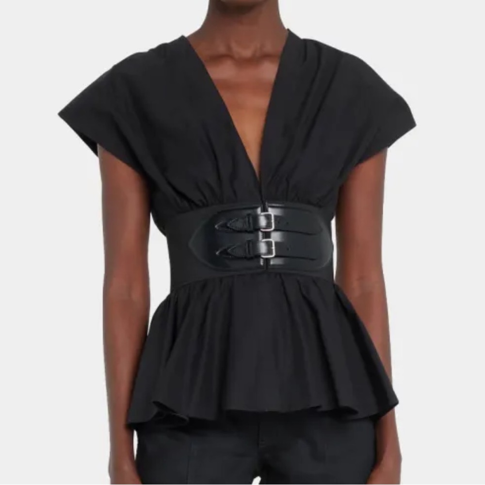 ALAIA Peplum V-Neck Poplin Top in Black